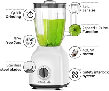 Russell Hobbs 400W Blender With Mill 1.5 Liters Smoothie Maker Multifunction High Speed Mixer Grinder For Coffee Beans Spices & Nuts 2 Speeds & Pulse Function BWM101 - White