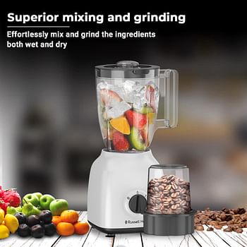 Russell Hobbs 400W Blender With Mill 1.5 Liters Smoothie Maker Multifunction High Speed Mixer Grinder For Coffee Beans Spices & Nuts 2 Speeds & Pulse Function BWM101 - White