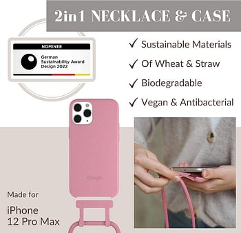 Woodcessories - 2in1 Necklace Phone Case Compatible with iPhone 12 Pro Max Crossbody Case with Strap Coral Pink, Detachable, Eco friendly