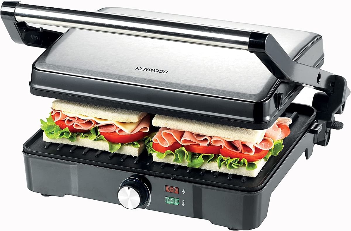 KENWOOD Grill 2000W Contact Health Grill Panini Press with Variable Temperature 3 Grill Positions for Panini Burger Sandwich Pizza Steak Chicken Fish Vegetables HGM31.000SI Silver