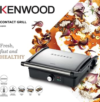 KENWOOD Grill 2000W Contact Health Grill Panini Press with Variable Temperature 3 Grill Positions for Panini Burger Sandwich Pizza Steak Chicken Fish Vegetables HGM31.000SI Silver