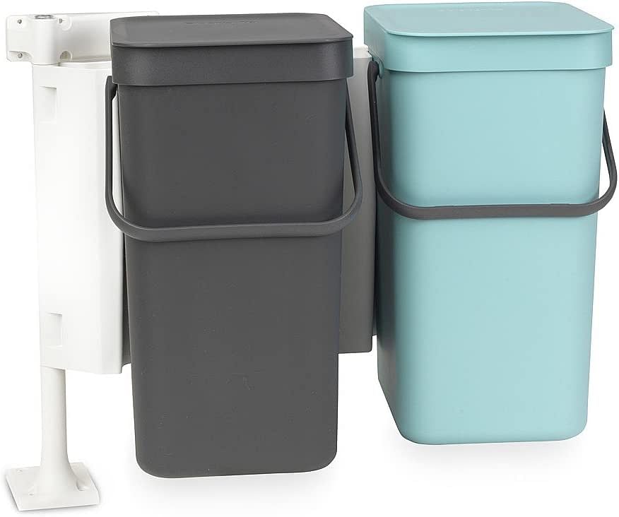 Brabantia Sort & Go 2 Pack Cupboard Mounted Built In Recycling/Waste Bins (2 X 16 Litre / Grey + Mint) Carry Handle & Removable Lid Easy Clean Self-Supported Mounting Bracket