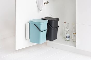 Brabantia Sort & Go 2 Pack Cupboard Mounted Built In Recycling/Waste Bins (2 X 16 Litre / Grey + Mint) Carry Handle & Removable Lid Easy Clean Self-Supported Mounting Bracket