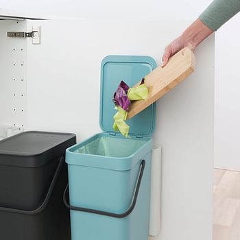 Brabantia Sort & Go 2 Pack Cupboard Mounted Built In Recycling/Waste Bins (2 X 16 Litre / Grey + Mint) Carry Handle & Removable Lid Easy Clean Self-Supported Mounting Bracket