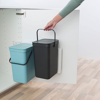 Brabantia Sort & Go 2 Pack Cupboard Mounted Built In Recycling/Waste Bins (2 X 16 Litre / Grey + Mint) Carry Handle & Removable Lid Easy Clean Self-Supported Mounting Bracket