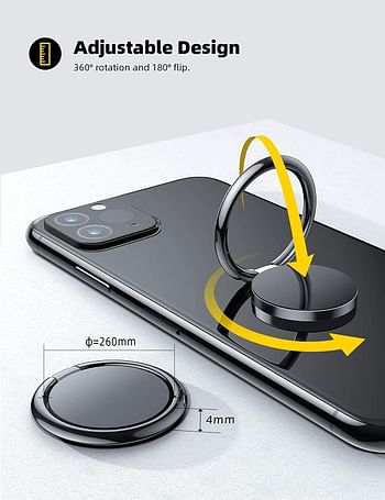 Cell Phone Ring Holder - 3M Adhesive Phone Ring Holder Finger Kickstand - 360° Rotating Mobile Hand Holder - Mobile Grip Compatible with Smartphones and Magnetic Car Mount - Black Phone Case Ring