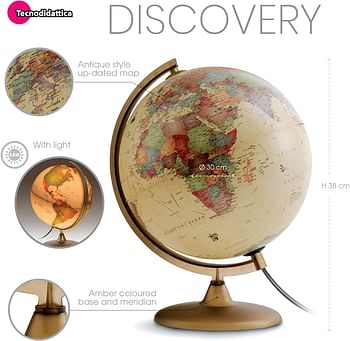 Tecnodidattica Discovery Illuminated and revolving Globe 12"/30cm Diameter,Antique Style