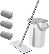 Microfiber Flat Mop with Bucket, Cleaning Squeeze Hand Free Floor Mop, 3 Reusable Mop Pads, Stainless Steel Handle,360° Rotating Head Squeeze Flat Mop