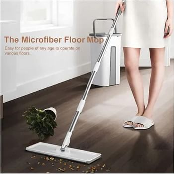 Microfiber Flat Mop with Bucket, Cleaning Squeeze Hand Free Floor Mop, 3 Reusable Mop Pads, Stainless Steel Handle,360° Rotating Head Squeeze Flat Mop