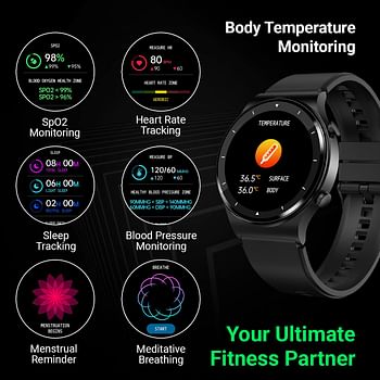 Fire-Boltt 360 Pro Bluetooth Calling 360*360 PRO Display Smart Watch with Rolling UI & Dual Button Technology, Spo2, Heart Rate & Temperature Monitoring with Local Music and TWS Pairing - Black Pro