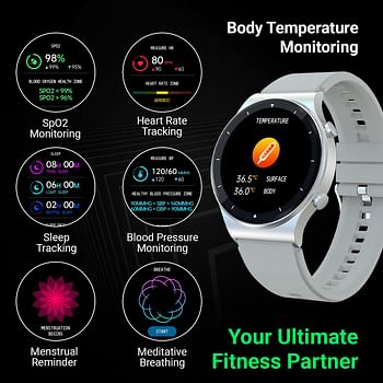 Fire-Boltt 360 Pro Bluetooth Calling 360*360 PRO Display Smart Watch with Rolling UI & Dual Button Technology, Spo2, Heart Rate & Temperature Monitoring with Local Music and TWS Pairing - Silver