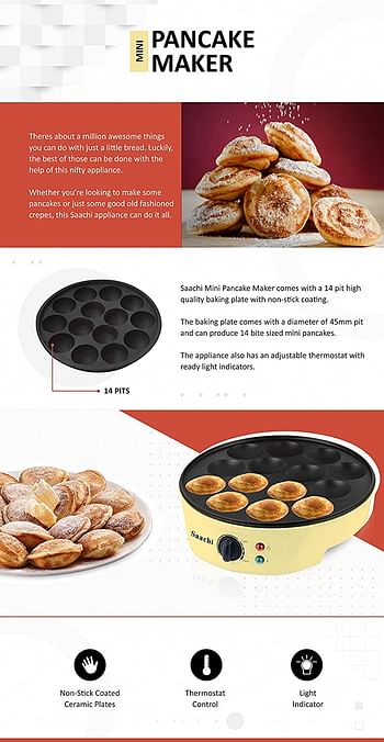 Saachi 14 Pits Mini Pancake Maker NL-PM-1567-YW (Yellow)