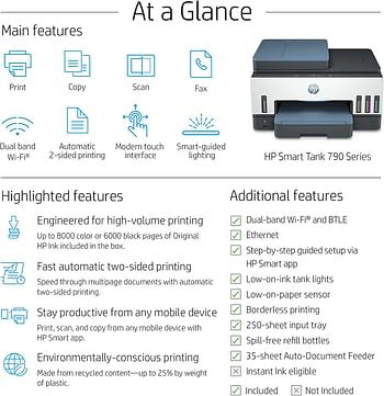 طابعة HP Smart Tank 795 متعددة الإمكانات، طباعة لاسلكية، مسح ضوئي، نسخ، فاكس، طباعة دوبلكس تلقائية، وحدة تغذية مستندات تلقائية، طباعة ما يصل إلى 18000 صفحة باللون الأسود أو 8000 صفحة ملونة [28B96A] - أبيض/أزرق