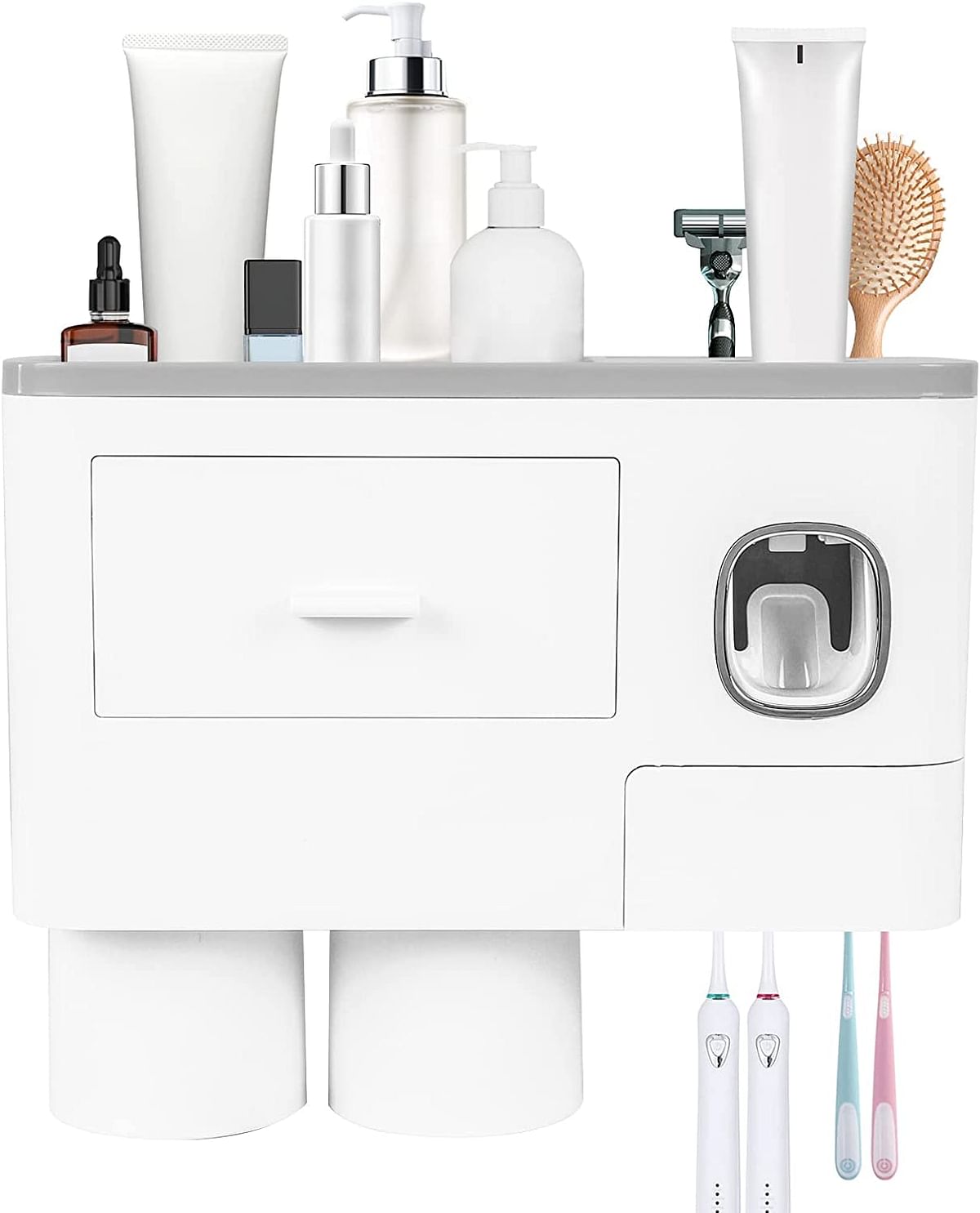 SKY-TOUCH 2 Cups Wall Mounted Toothbrush Holder Multifunctional Space-Saving Toothbrush and Toothpaste Holder with Drawer for Cosmetics Organizer for Washroom and Bathroom 2 Cup/23L x 10W x 18.8H centimeters/White