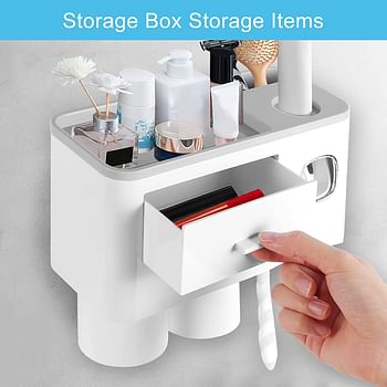 SKY-TOUCH 2 Cups Wall Mounted Toothbrush Holder Multifunctional Space-Saving Toothbrush and Toothpaste Holder with Drawer for Cosmetics Organizer for Washroom and Bathroom 2 Cup/23L x 10W x 18.8H centimeters/White