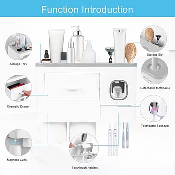 SKY-TOUCH 2 Cups Wall Mounted Toothbrush Holder Multifunctional Space-Saving Toothbrush and Toothpaste Holder with Drawer for Cosmetics Organizer for Washroom and Bathroom 2 Cup/23L x 10W x 18.8H centimeters/White