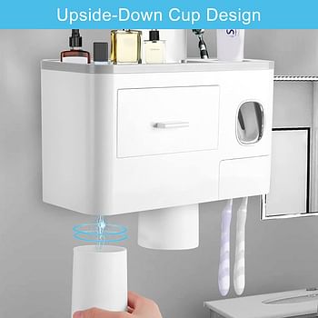 SKY-TOUCH 2 Cups Wall Mounted Toothbrush Holder Multifunctional Space-Saving Toothbrush and Toothpaste Holder with Drawer for Cosmetics Organizer for Washroom and Bathroom 2 Cup/23L x 10W x 18.8H centimeters/White