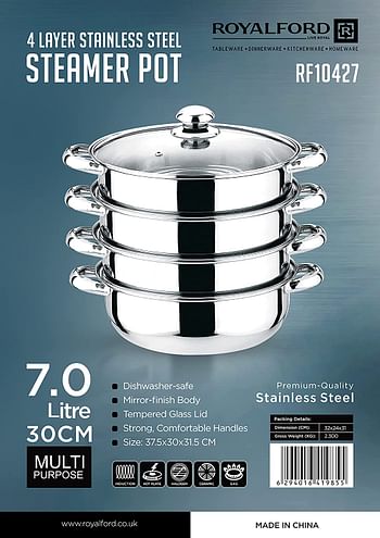 Royalford RF10427 4-Layer Stainless Steel Steam Cooker 30 cm 1X8 Silver