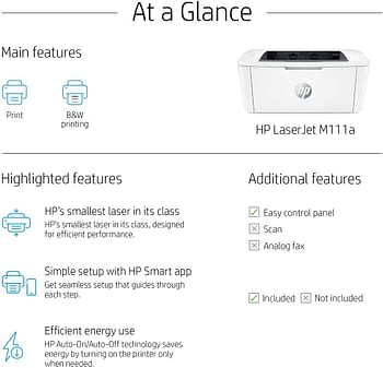 طابعة Hp Laserjet M111A، طباعة حتى 21 PM، أبيض 7Md67A، قياسي