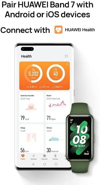 HUAWEI Band 7 Smartwatch Health and Fitness Tracker, Slim bezel less screen, 2 week battery life, 55029048, Small - Wilderness Green