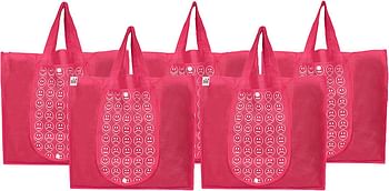 Fun Homes Shopping Grocery Bags Foldable, Washable Grocery Tote Bag With One Small Pocket, Eco-Friendly Purse Bag Fits In Pocket Waterproof & Lightweight (Set Of 5,Pink)