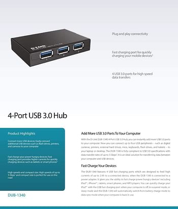 D-Link USB Hub 4 Multi Port USB 3.0 Superspeed 4 Fast Charging Ports, MicroUSB Port And 5V/4A Power Adapter (Dub-1340) /Black