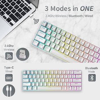 Rk Royal Kludge Rk61 2.4Ghz Wireless/Bluetooth/Wired 60% Mechanical Keyboard, 61 Keys Rgb Hot Swappable Brown Switch Gaming Keyboard With Software For Win/Mac / White