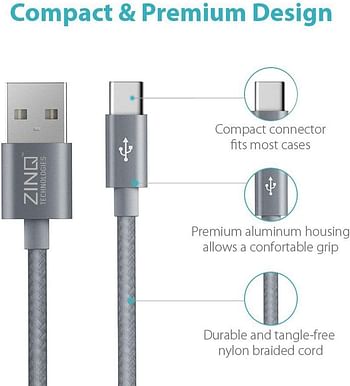 Zinq Technologies USB Type-C to USB-A 2.0 Cable - 3.2 Feet (1 Meters) - Silver