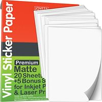 JOYEZA Premium Printable Vinyl Sticker Paper for Inkjet Printer - 25 Sheets Matte White Waterproof, Dries Quickly Vivid Colors, Holds Ink well- Tear Resistant - Inkjet & Laser Printer White