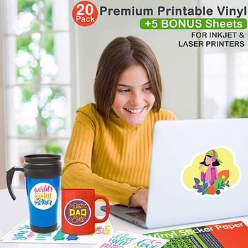JOYEZA Premium Printable Vinyl Sticker Paper for Inkjet Printer - 25 Sheets Matte White Waterproof, Dries Quickly Vivid Colors, Holds Ink well- Tear Resistant - Inkjet & Laser Printer White
