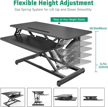 IBAMA Height Adjustable Office Workstation Standing Desk Converter, 35 Inch Computer Tabletop Stand Up Desk Fits Dual Monitors, Ergonomic Deep Keyboard Tray, Table Riser with Gas Spring-BLACK