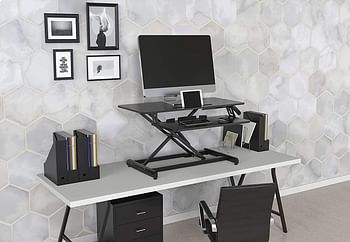 IBAMA Height Adjustable Office Workstation Standing Desk Converter, 35 Inch Computer Tabletop Stand Up Desk Fits Dual Monitors, Ergonomic Deep Keyboard Tray, Table Riser with Gas Spring-BLACK