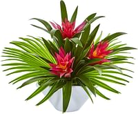 Nearly Natural Bromeliad Artificial Oval White Vase Silk Arrangements Red/MultiColor