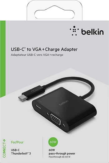 Belkin USB-C to VGA Adapter + Charge (Supports HD 1080p Video Resolution, 60W Passthrough Power for Connected Devices) MacBook Pro VGA Adapter USB-C to VGA black /USB-C to VGA/black/one size