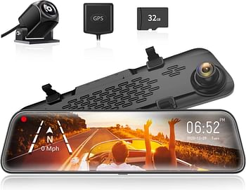 WOLFBOX G840S 12" Mirror Dash Cam Backup Camera for Cars,1296P Dual Lens Smart Rear View Mirror Camera, HDR DVR Driving Recorder with Night Vision, Reverse Assistance, 32GB TF Card & GPS