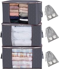 Large Capacity 3 Pack 90L Clothes Storage Bag Organizer with Reinforced Handle and 3 Pack Storage Shoe Bags,Thick Fabric for Comforters,Blankets,Bedding,Foldable with Sturdy Zipper, Clear Window
