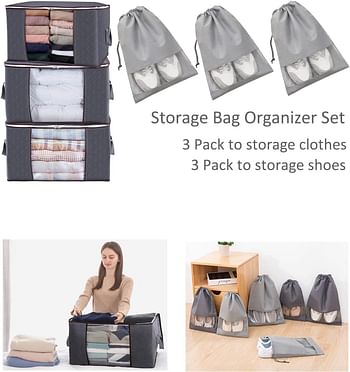Large Capacity 3 Pack 90L Clothes Storage Bag Organizer with Reinforced Handle and 3 Pack Storage Shoe Bags,Thick Fabric for Comforters,Blankets,Bedding,Foldable with Sturdy Zipper, Clear Window