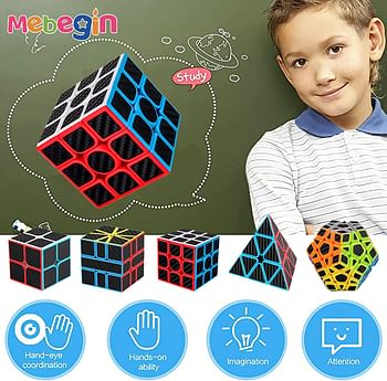 MEBEGIN 5-Piece Rubik's Cube Set 2x2 3x3 5x5 Pyramid Skewb 3D Speed Cube Game Toy Gift for Kids Adults