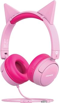 Promate Kids Headphones, HD Stereo On-Ear Wired Headset with Safe Volume Limited 85dB to 95dB, Detachable Cat Ears, AUX Share-Port, Foldable Headband and Built-In Mic for iPhone 13, Jewel