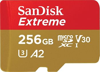 بطاقة microSD اكستريم UHS-I سعة 256GB من سانديسك، تسجيل فيديو 4K UHD على الجوال وكاميرات الحركة والطائرات بدون طيار، سرعة قراءة وكتابة 190 و130 ميجابايت/ثانية، SDSQXAV 256G GN6MN، احمر/ ذهبي