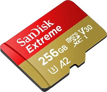 بطاقة microSD اكستريم UHS-I سعة 256GB من سانديسك، تسجيل فيديو 4K UHD على الجوال وكاميرات الحركة والطائرات بدون طيار، سرعة قراءة وكتابة 190 و130 ميجابايت/ثانية، SDSQXAV 256G GN6MN، احمر/ ذهبي