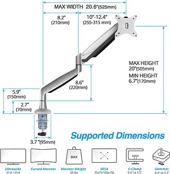 Single Monitor Desk Mount Holds 20 lbs Ultrawide Screen - Height Adjustable Full Motion Articulating Gas Spring Arm for 13"-35" VESA Monitor Stand - Premium Aluminum