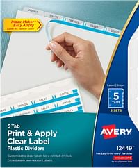 Avery 5 Tab Plastic Dividers For 3 Ring Binder, Easy Print & Apply Clear Label Strip, Index Maker Customizable Frosted White Tabs, 5 Sets (12449) Multicolor