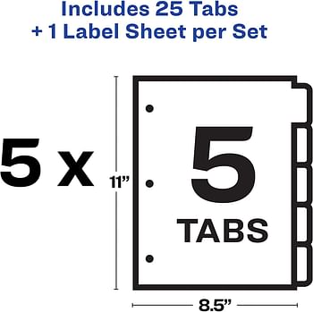 Avery 5 Tab Plastic Dividers For 3 Ring Binder, Easy Print & Apply Clear Label Strip, Index Maker Customizable Frosted White Tabs, 5 Sets (12449) Multicolor