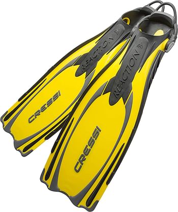Cressi Reaction Adult Scuba Diving Open Heel Fins with Bungee StrapYellow-Silver/S-M (EU 39-42)