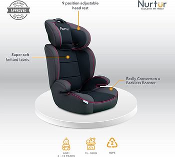 Nurtur Jupiter Baby/Kids 3-in-1 Car Seat + Booster Seat - Adjustable Backrest - Extra Protection - 5-Point Safety Harness - 9 months to 12 years (Group 1/2/3), Upto 36kg