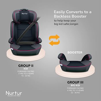 Nurtur Jupiter Baby/Kids 3-in-1 Car Seat + Booster Seat - Adjustable Backrest - Extra Protection - 5-Point Safety Harness - 9 months to 12 years (Group 1/2/3), Upto 36kg