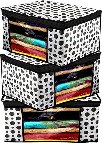 Kuber Industries Polka Dots Printed 3 Pieces Non Woven Fabric Saree Cover/Clothes Organiser for Wardrobe Set with Transparent Window, Extra Large (Black & White)-KUBMART2794
