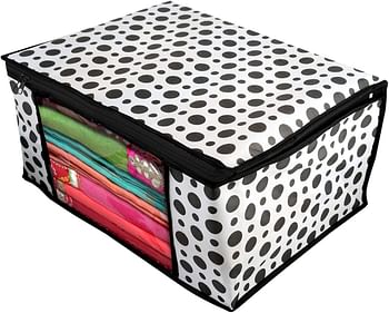 Kuber Industries Polka Dots Printed 3 Pieces Non Woven Fabric Saree Cover/Clothes Organiser for Wardrobe Set with Transparent Window, Extra Large (Black & White)-KUBMART2794