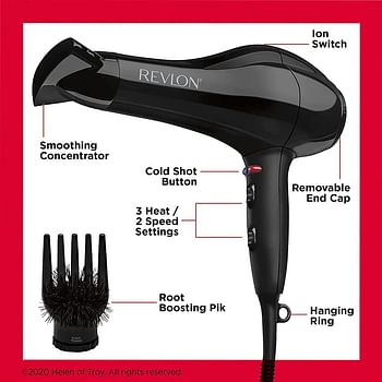 Revlon RVDR5221 Hair Dryer, Salon Performance, 2000 Watts, 2 speed and 3 heat setting